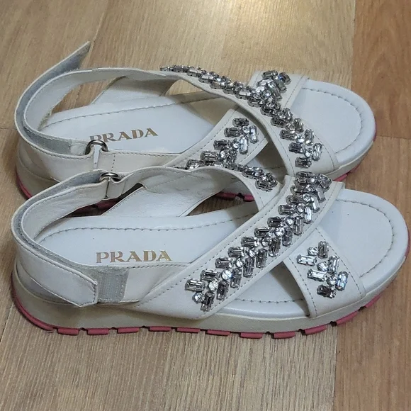 (SOLD)Authentic Prada white leather with crystal embelished slingback - Picture 2 of 5